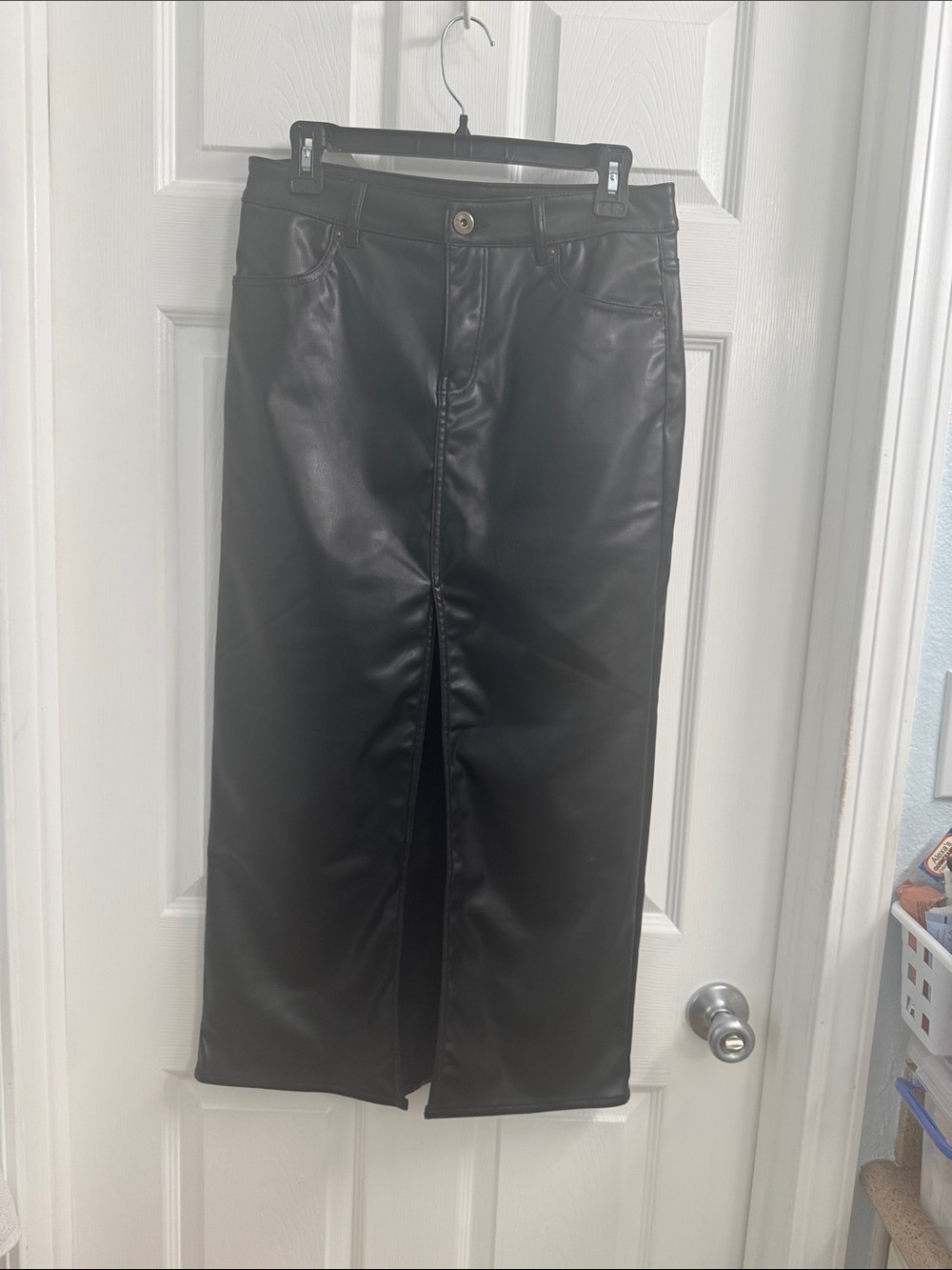 Divided Black Faux Leather Midi Skirt with Front Slit